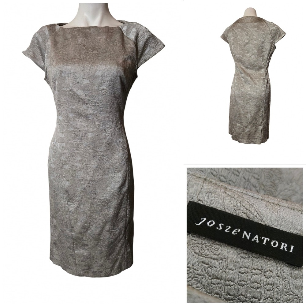 Josie Natori Champagne Metallic Brocade Sheath Dress Cap Sleeve Size 8 RN 89782